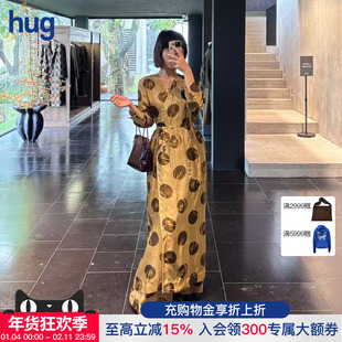 【UMAWANG】hug 2025秋冬新款复古一片式圆点绑带连衣裙