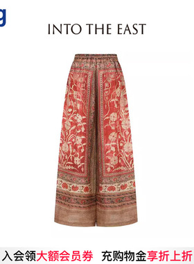 【INTO THE EAST】hug 2025早春新款亚麻印花直筒长裤阔腿休闲裤