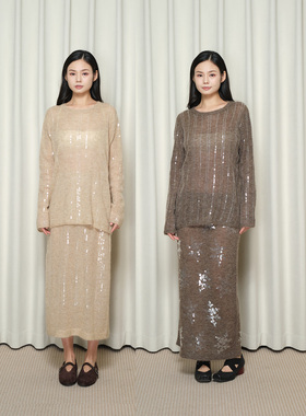 【SWAYING Knit】hug 2026早春新款珠片绣羊驼毛套衫毛衣直筒半裙