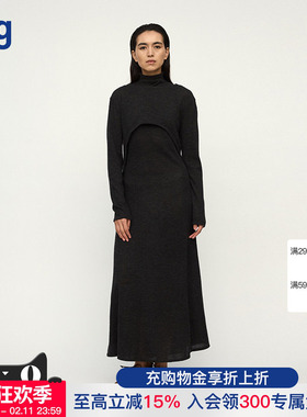 【RUOHAN】hug 2025秋冬新款GAYA深灰色精纺羊绒针织两件式连衣裙