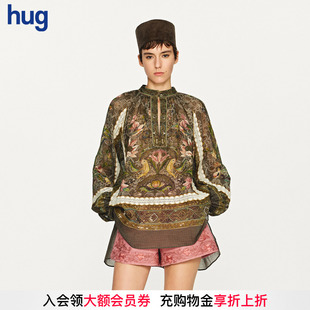 EAST THE INTO 上衣 2025秋冬新款 復(fù)古印花拼蕾絲花邊襯衫 hug