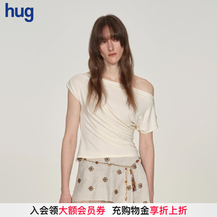 2025秋冬新款 張婧儀同款 hug DUST 純色斜肩褶皺T恤 ICE
