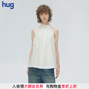 2025春夏新款 hug 白色立領不對稱無袖 JUNWEILIN 掛脖上衣