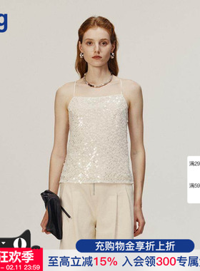 【AETNA PROJECT】hug 2025白色亮片圆弧领吊带上衣