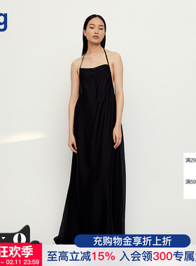 【RUOHAN】hug 2025早春新款纯色黑色真丝雪纺挂脖吊带连衣裙