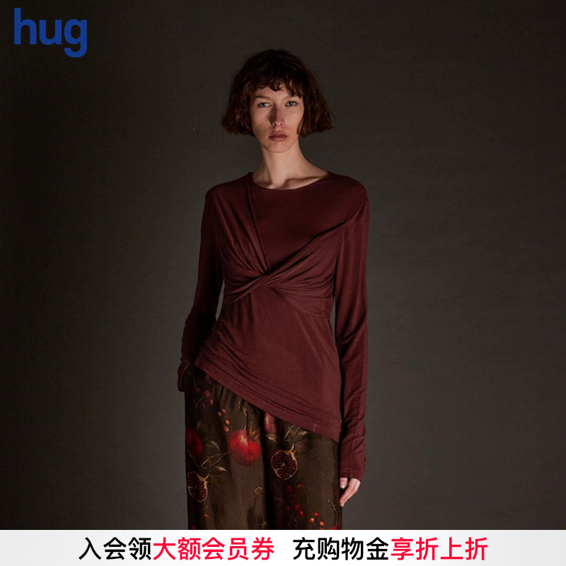 【UMAWANG】hug 2025秋冬新款复古交叠长袖打底衫