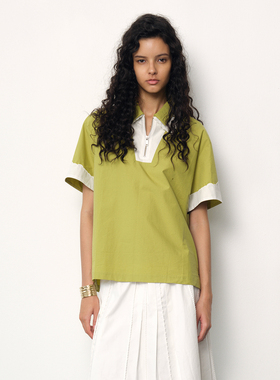 【JUNWEILIN】hug 2025秋冬新款拼白色绣花边双领拉链POLOT恤