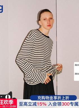 【INTO THE EAST】hug 新黑白条纹长袖针织T恤上衣