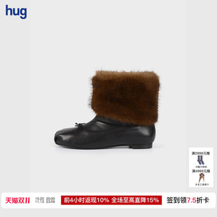【SALONDEJU 韩国】hug 2026秋冬新款蝴蝶结平底毛毛靴宽筒短靴