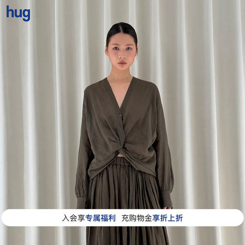 INTOTHEEAST橄榄绿v领扭结上衣