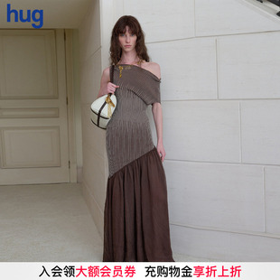 【Cello Sonata】hug 2026春斜肩双色坑条拼接轻纱针织女士连衣裙