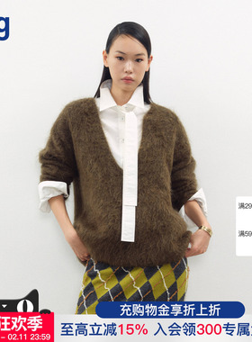 【JUNWEILIN】hug 2025秋冬新款紫色墨绿极细马海毛深V套头衫