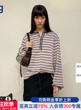 【COTEMP】hug 2025秋冬新款长袖汉麻亨利领条纹T恤