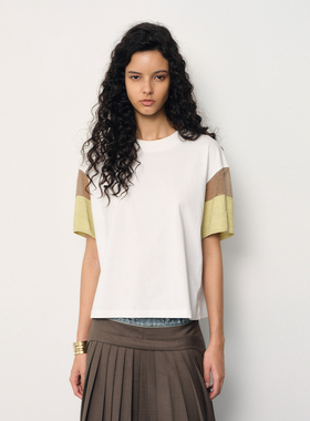 【JUNWEILIN】hug 2025秋冬新款白色针织拼接混纱撞色袖口短袖