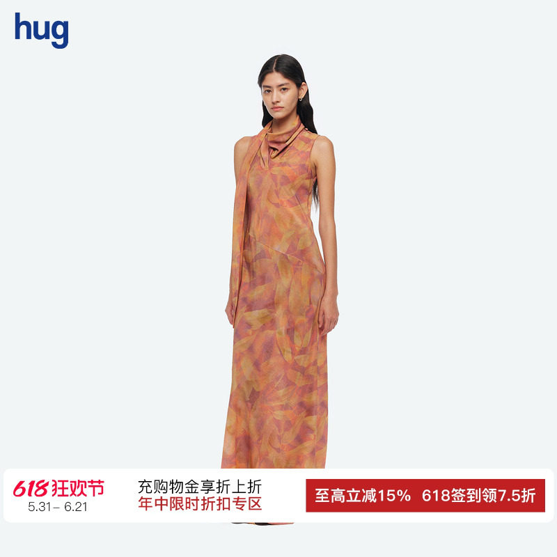 【AETNA PROJECT】hug 2026早秋新款红色树叶印花围脖无袖连衣裙