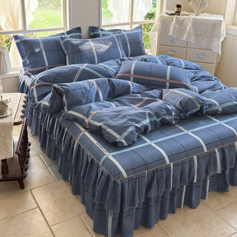 简约斜纹被罩全棉纯棉床裙式四件套防滑被套床单花边床罩床上用品