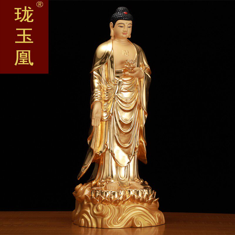 西方三圣铜像 纯铜贴金阿弥陀佛 观音佛像供奉家用大势至菩萨摆件