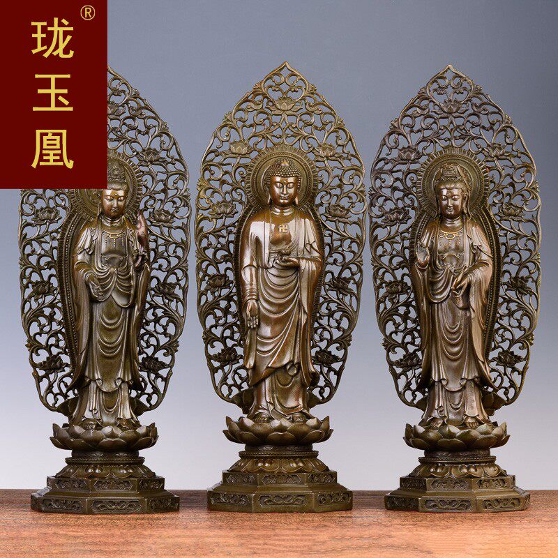 珑玉凰纯铜西方三圣佛像阿弥陀佛观音大势至菩萨铜像摆件CL0407