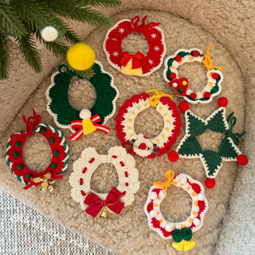 宠物圣诞节装饰狗狗围兜猫咪口水巾可爱毛线编织围巾节日泰迪比熊