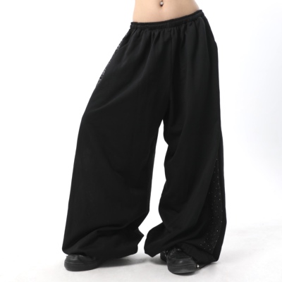 【DB QUEEN原创】MANDALA设计蕾丝拼接烫钻宽松直筒首脚运动裤