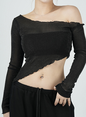 【DB QUEEN原创】MANDALA设计网纱透视露肩长袖性感短款露脐上衣