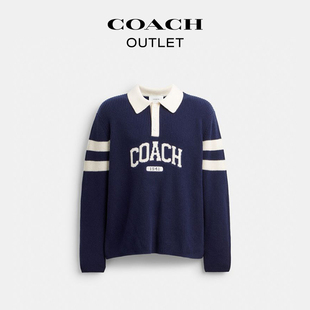 新品 蔻驰奥莱男士 COACH POLO衫 COACH图案海军蓝色长袖 针织衫
