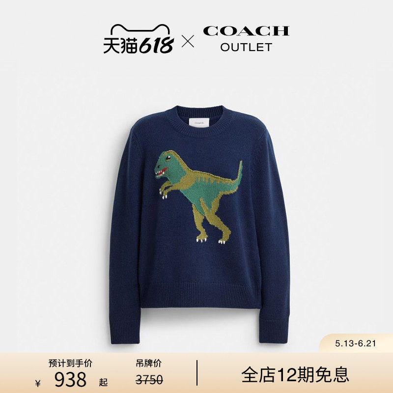 COACH/蔻驰奥莱女士蓝色REXY图案圆领毛衣休闲宽松舒适