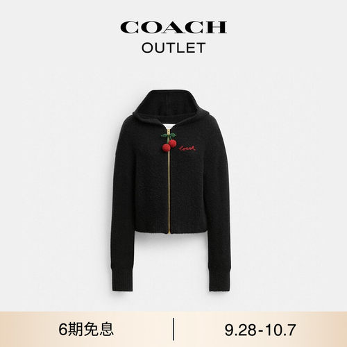 【新款】COACH/蔻驰奥莱女士黑色樱桃挂件针织连帽卫衣含羊毛