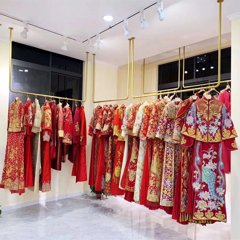 跨境女服装店上墙U型挂衣杆婚纱展示架礼服货架金色铁艺吊挂吊架