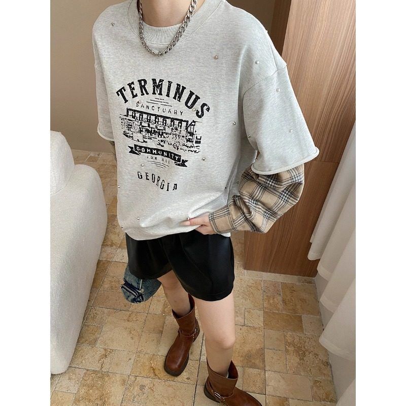 司南 小众设计 美式格纹拼接假两件圆领字母印花宽松卫衣 SN8022