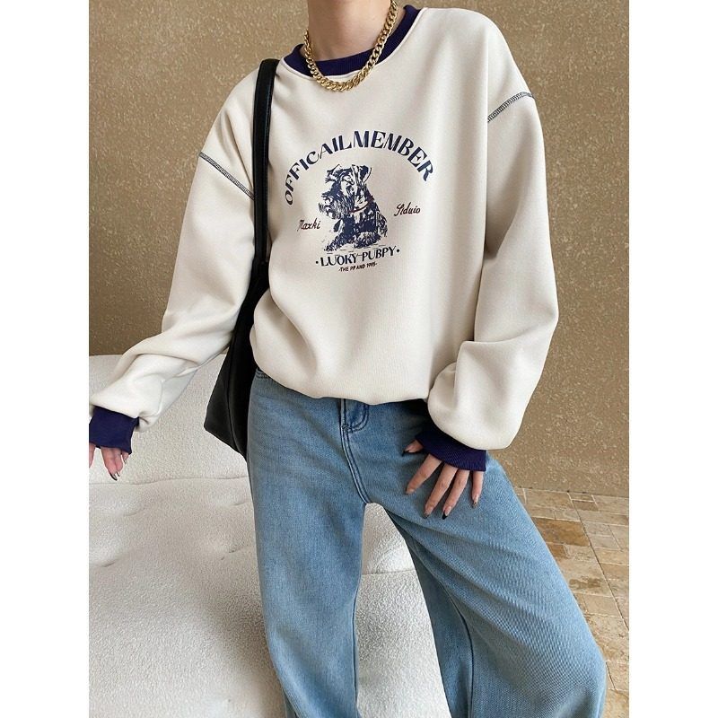 司南 小众撞色设计 狗狗字母印花圆领宽松落肩袖加绒卫衣 SN6777