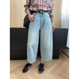 彎刀剪裁寬松闊腿九分牛仔褲 司南 早秋新款 水洗磨白美式 SN7751