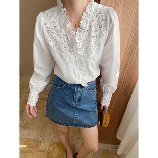 司南 南法腔调 法式复古宫廷风镂空刺绣花边V领长袖衬衫 SN7115