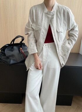 司南 老钱简奢感 设计感立体口袋天丝亚麻小立领宽松外套 SN8102