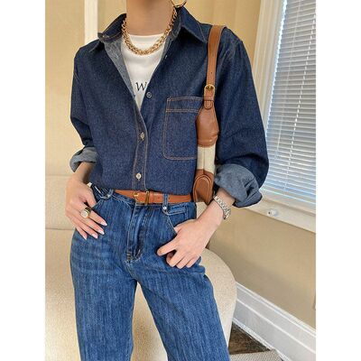 司南美式丹宁撞色明线牛仔衬衫