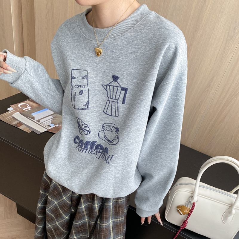 美式趣味咖啡面包印花圆领卫衣