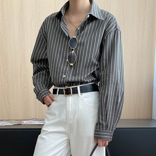 SN8088 随性老钱感竖条纹撞色休闲宽松通勤衬衫 司南 实穿中性风
