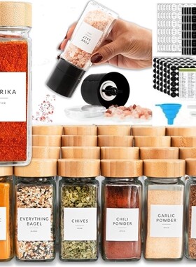 现货跨境亚马逊120ml方形调料罐24个装香料瓶4oz圆形竹木盖调料瓶