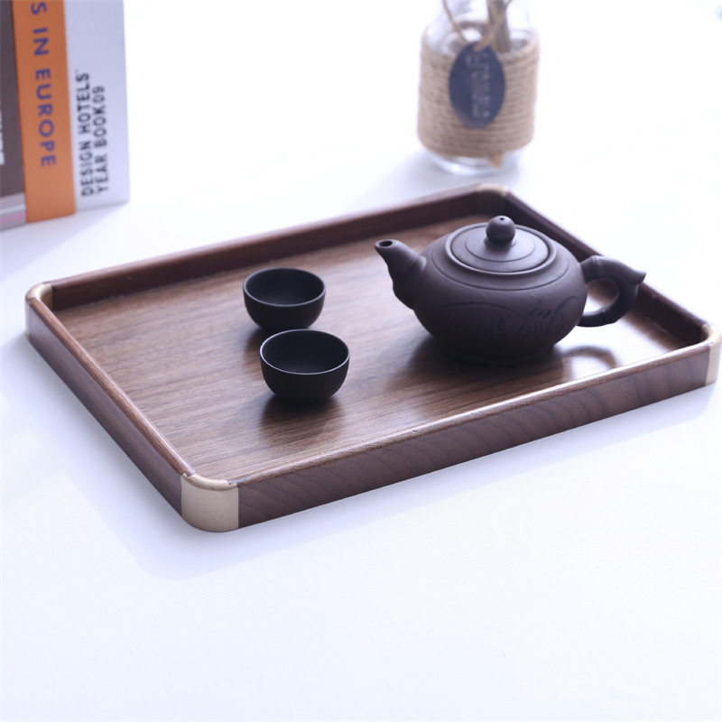 实木茶盘日式长方形铜角茶盘家用干泡盘茶道功夫茶具收纳盘胡桃木