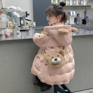 NEXT JANSO卡通小熊中长款羽绒服女童加厚保暖白鸭绒女孩冬装外套