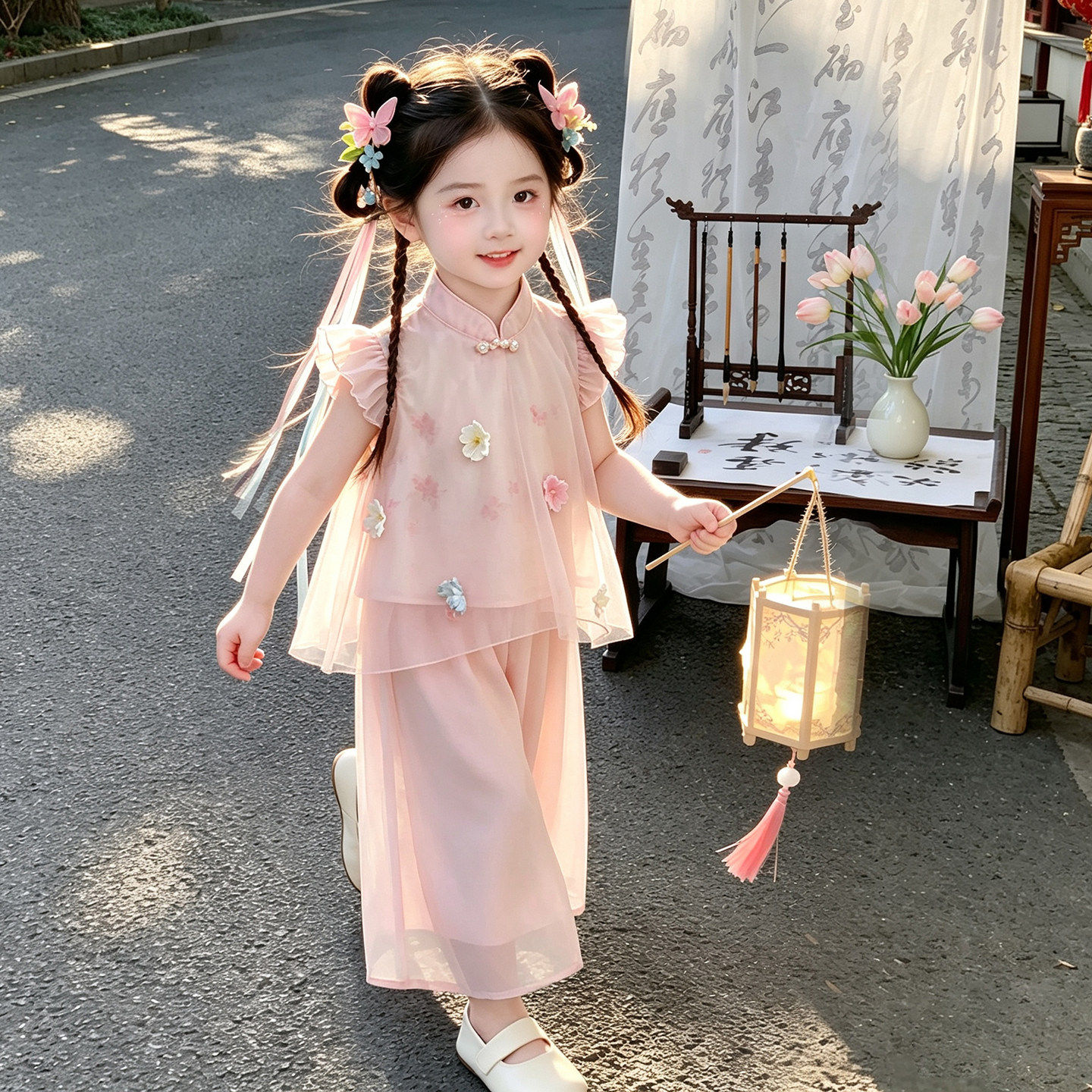 NEXT JANSO女童新中式汉服套装夏季飞袖盘扣上衣阔腿裤国风两件套