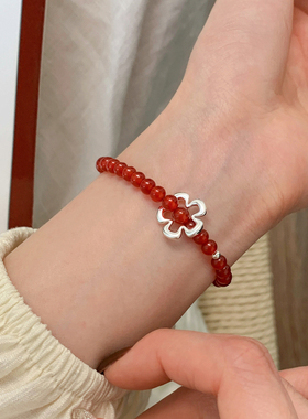 ACC红色玛瑙手链串珠925纯银小众