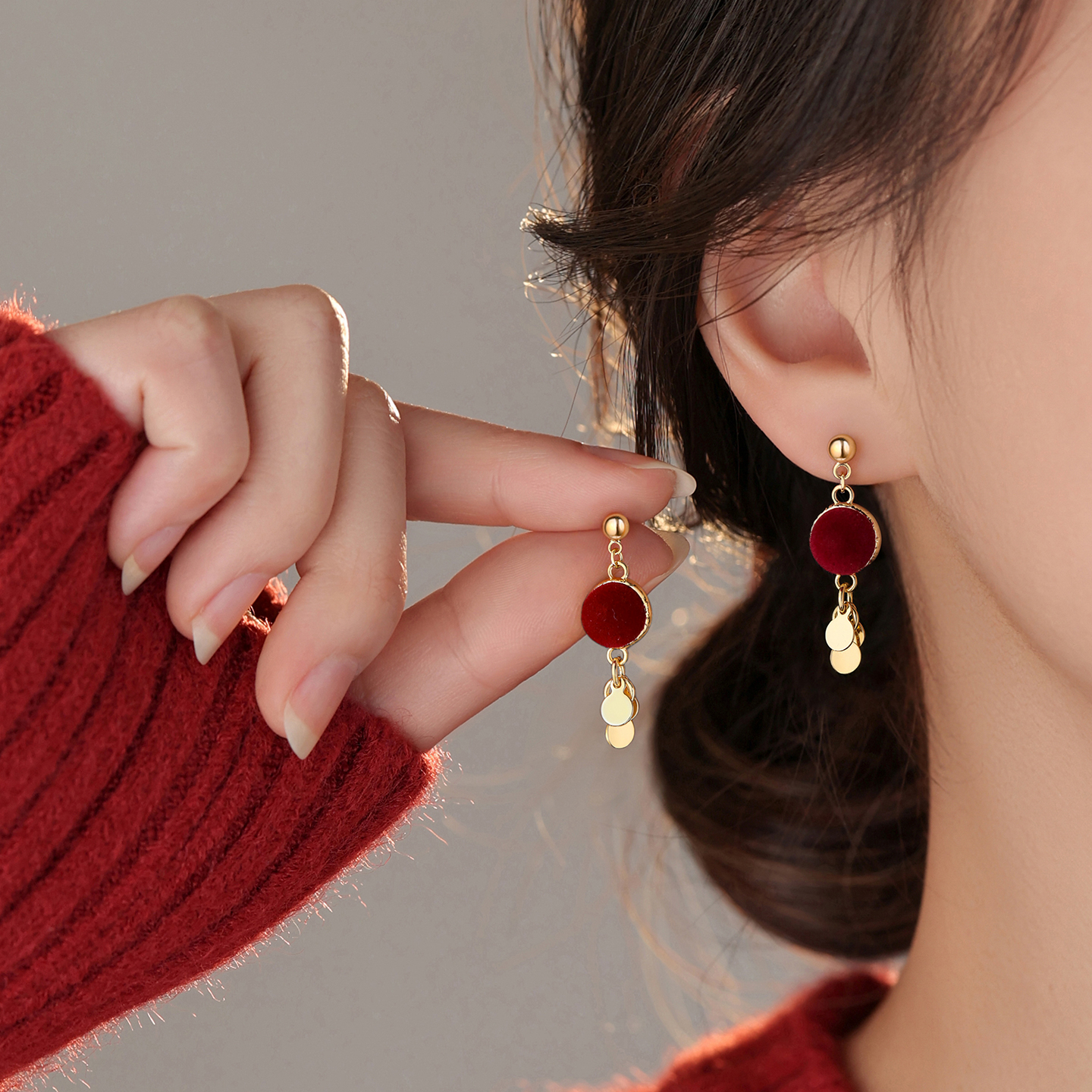 ACC红绒球耳钉925银轻奢高级感女