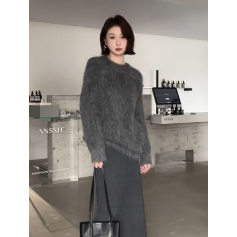 法式高级感灰色水貂绒宽松毛衣女2025冬软糯外搭慵懒针织衫上衣厚
