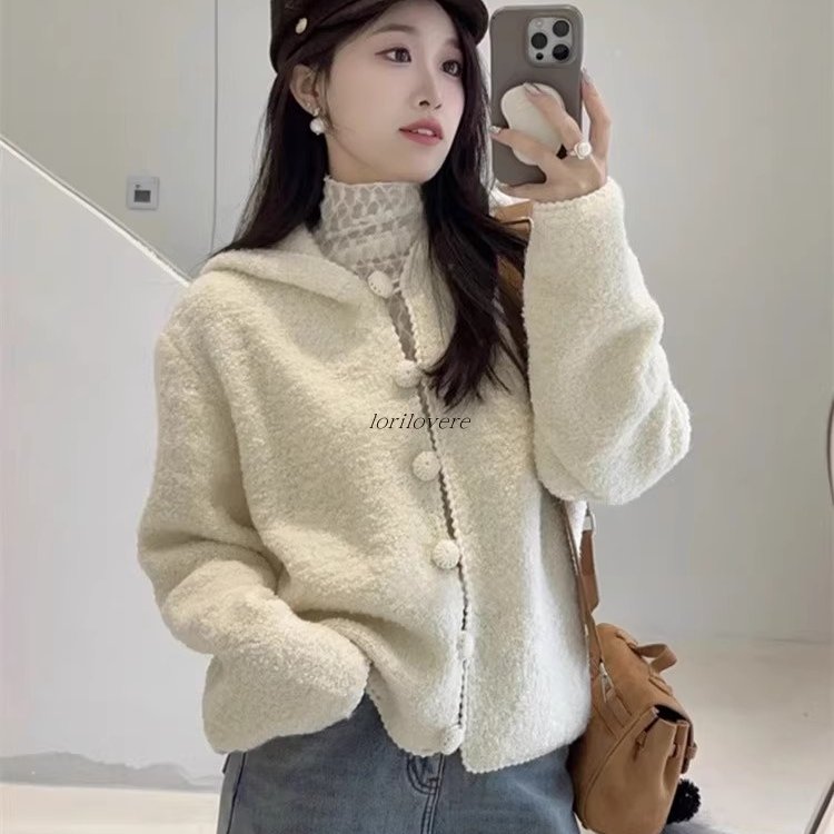 白色连帽毛衣开衫女秋冬季韩系氛围感穿搭宽松慵懒风针织外套上衣