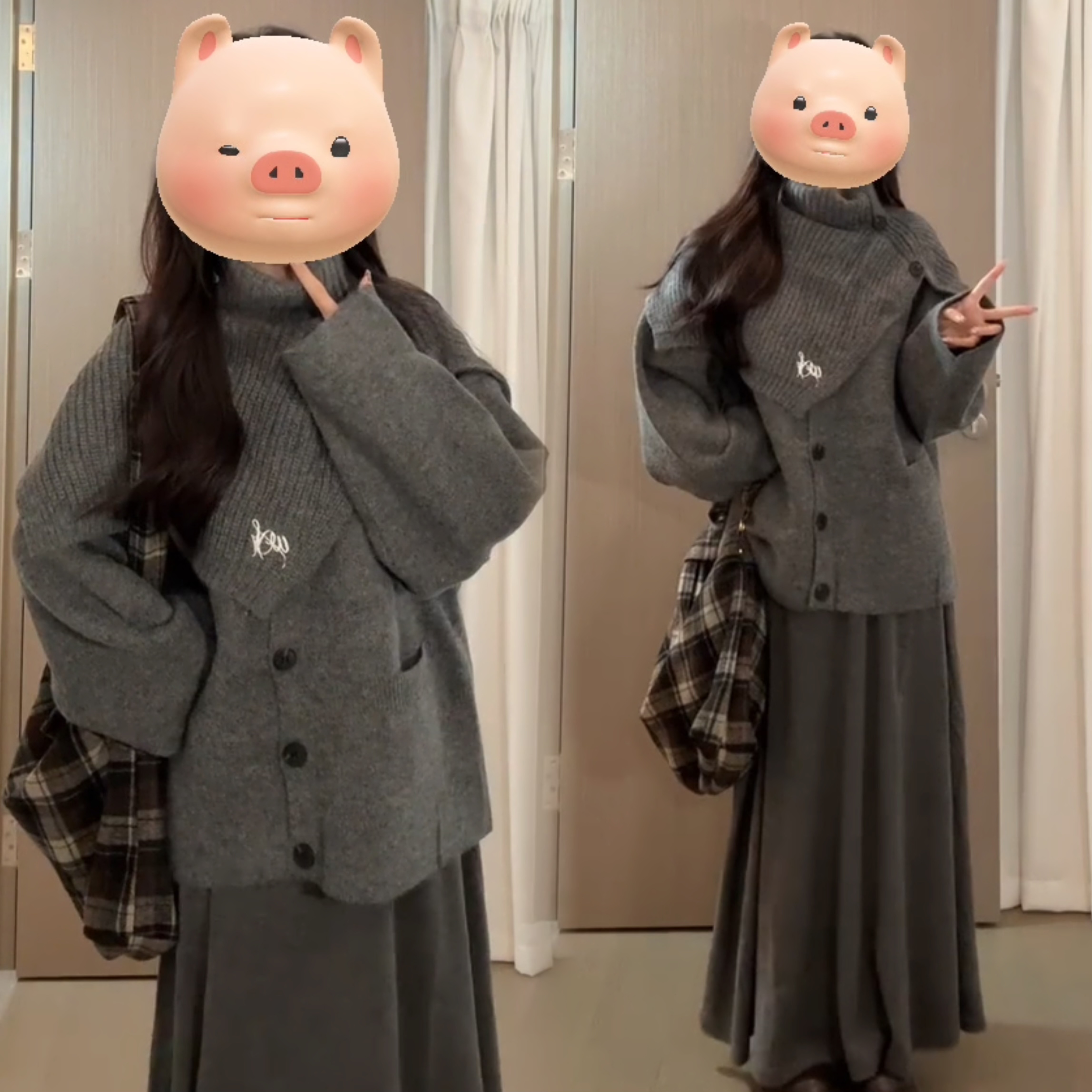 大码高级感灰色针织开衫毛衣女秋冬宽松外穿慵懒风围脖外套两件套