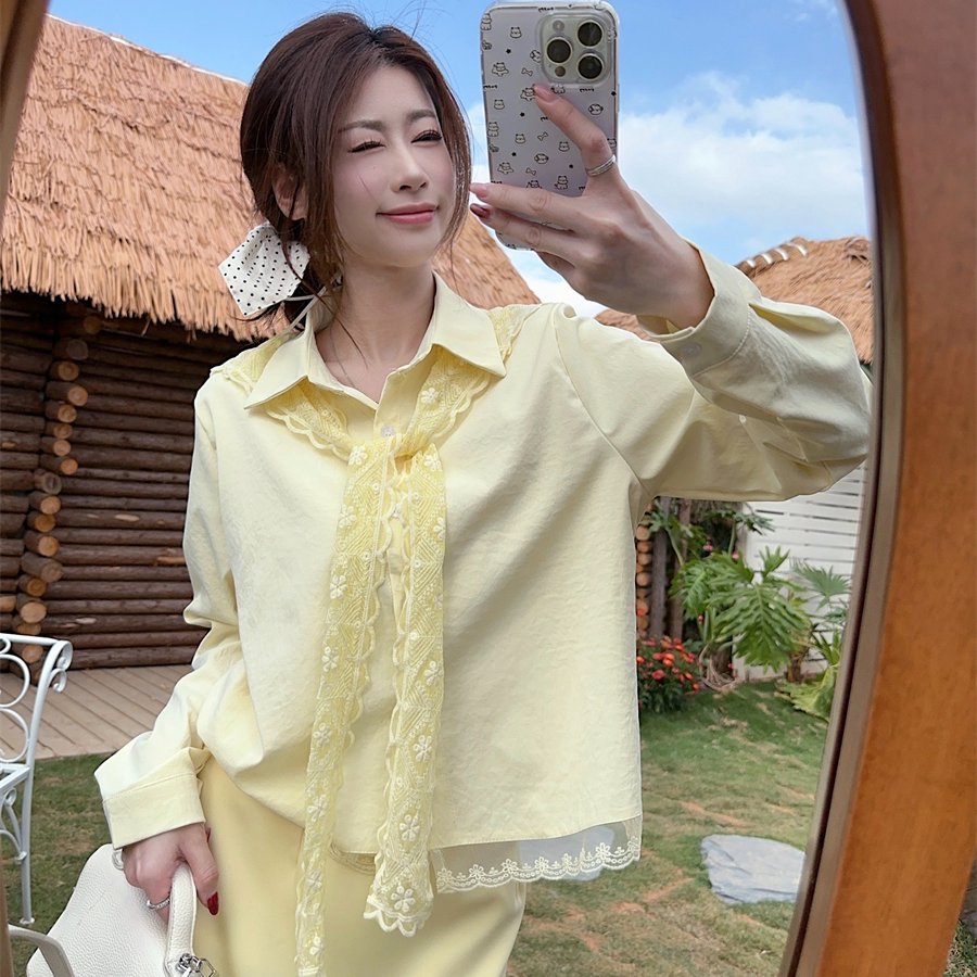 实拍实价开春季设计感穿搭2025年新款法式黄色蕾丝衬衫连衣裙子女