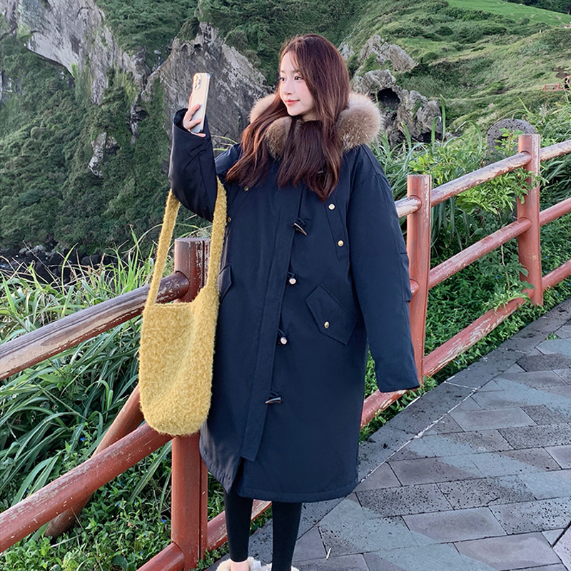 大毛领连帽羽绒棉服女冬季韩版新款牛角扣宽松大码胖mm中长款外套