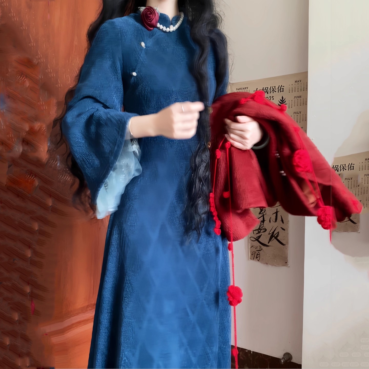 复古高级感重工蓝色改良旗袍连衣裙女新中式复古女装红色外套秋冬