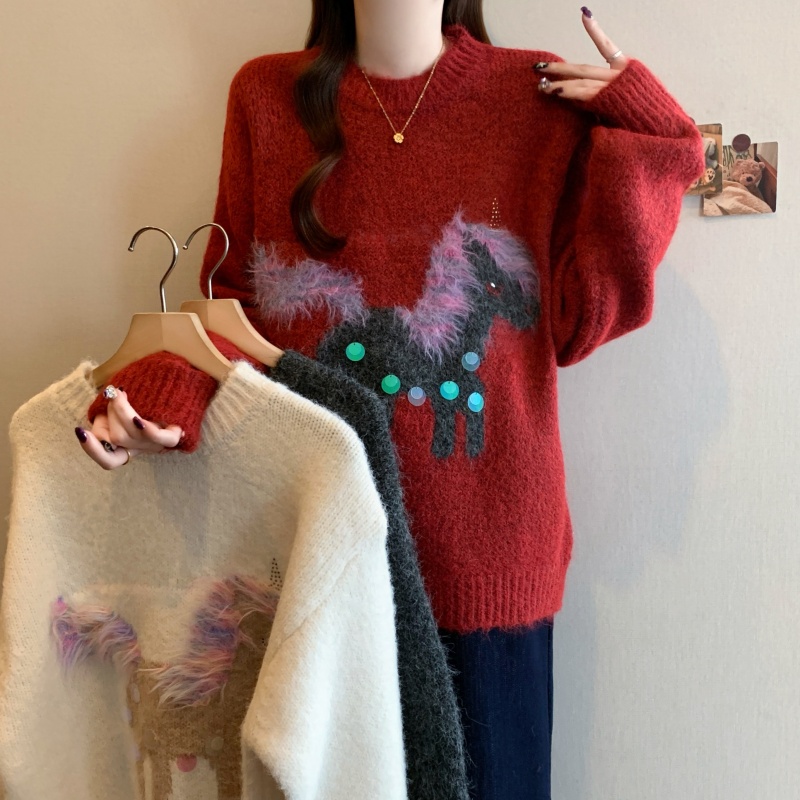 实拍大码女装秋冬圣诞小马亮片新年毛衣胖MM时尚显瘦内搭针织上衣
